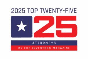 Badge reading '2025 Top Twenty-Five Attorneys by EB5 Investors Magazine' featuring a blue square with a white star and a large red '25' alongside blue and red stripes